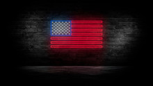  USA Flag Neon Sign. Night Bright Signboard USA Flag. American Flag On An Old Brick Wall, Neon Light. National Day USA. Festive Background With American Neon Flag. Dark Room, Corridor, Tunnel Neon 