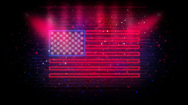  USA flag neon sign. Night bright Signboard USA flag. American flag on an old brick wall, neon light. National Day USA. Festive background with American neon flag. Dark room, corridor, tunnel neon 
