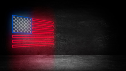  USA flag neon sign. Night bright Signboard USA flag. American flag on an old brick wall, neon light. National Day USA. Festive background with American neon flag. Dark room, corridor, tunnel neon 