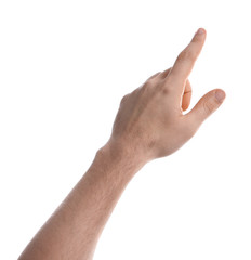 Wall Mural - Man pointing at something on white background, closeup of hand