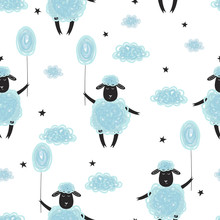 Seamless Pattern With Cute Blue Sheep And Clouds