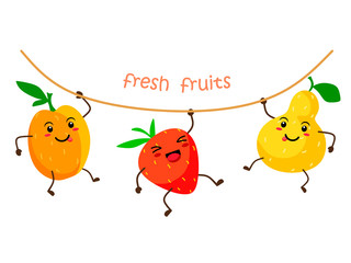 Wall Mural - Funny and cute fruit kawai apricot, strawberry and pear hang on the rope. Vector illustration Fresh kawaii fruit on white background