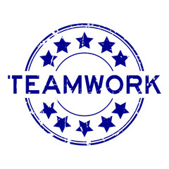 Sticker - Grunge blue teamwork word round rubber seal stamp on white background