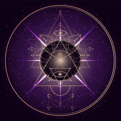 Vector illustration of mystic symbol Lotus on abstract background. Geometric sign drawn in lines. Golden and purple color.