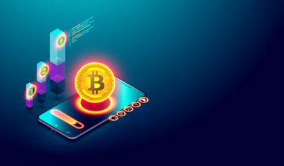 Poster - cryptocurrency bitcoin and blockchain concept. bitcoin mining and digital money market investment ve