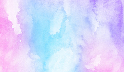 Fantasy smooth light pink, purple shades and blue watercolor paper textured illustration for grunge design, vintage card, templates. Pastel ink colors wet effect hand drawn canvas aquarelle background