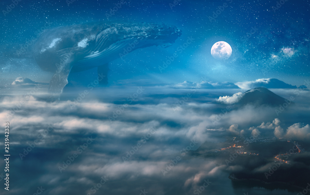 Nocturne surreal dream with clouds, big whale hovering in the space, night landscape under full moon on background - obrazy, fototapety, plakaty 