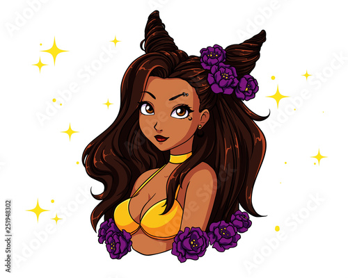 Pretty Cartoon Girl With Wavy Brown Hair Wearing Yellow Swimsuit