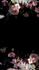 Garden flowers. Floral decoration. Black background for text and frame of luxurious roses and peonies. Vintage. Beauty and Romance.