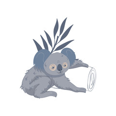 Wall Mural - lovely koala, eucalyptus tree trunk and branch with leaves. wild australian bear. marsupial animal. 