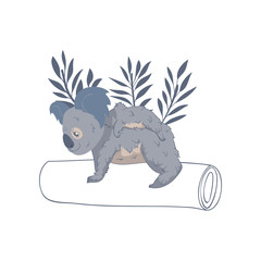 Wall Mural - koala mother with baby on back standing on tree trunk. adorable marsupial animal. wild australian be