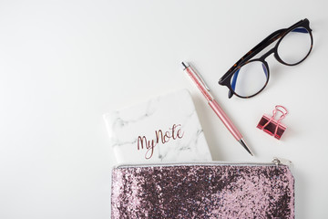 Wall Mural - Glitter bag with pen, planner and eyeglasses