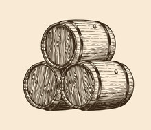 Wine Cellar, Winery. Wooden Barrels With Wine, Sketch. Vintage Vector Illustration