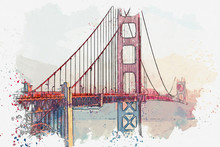 Watercolor Sketch Or Illustration Of The Beautiful View Of The Golden Gate Bridge In San Francisco In America