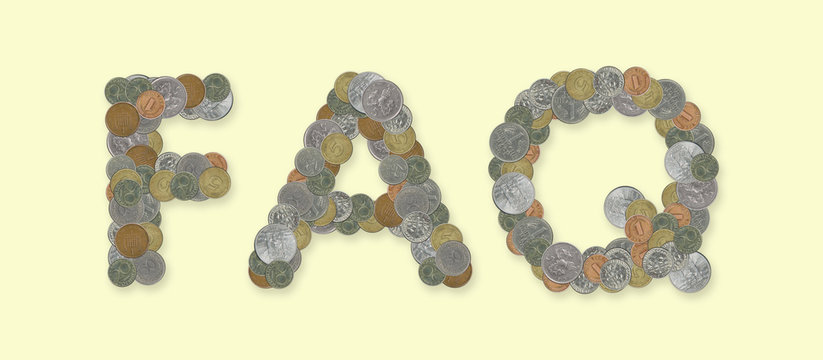 FAQ  (frequently asked questions) - Coins on yellow background