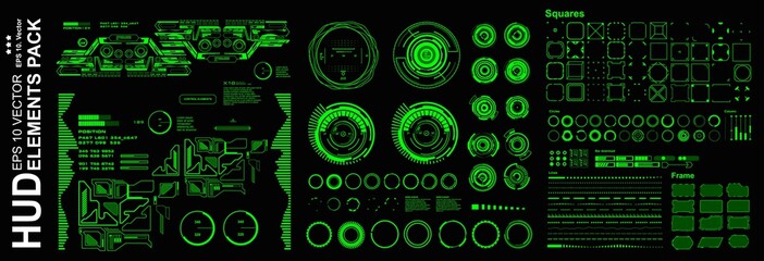 Poster - HUD elements mega set pack. Dashboard green display virtual reality technology screen.