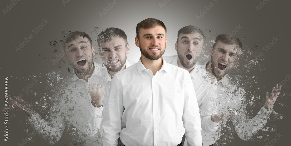Different emotions of young man on grey background - obrazy, fototapety, plakaty 