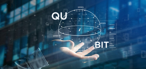 businessman holding quantum computing concept with qubit icon 3d rendering