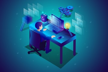 3d isometric digital design programing software and technologies. Man on the computer working at new website design.