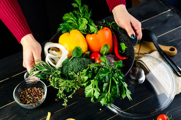 Poster - fresh vegetables in a skillet prepared for cooking