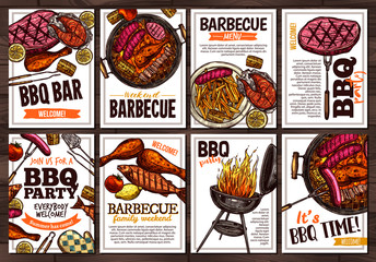 Set of vector hand drawn posters with grilled food, sausages, chicken, french fries, steaks, fish, BBQ bar and party welcome. Collection of colorful sketch cards with typographic