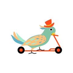 Wall Mural - Parrot Wearing Top Hat Riding on Kick Scooter, Cute Funny Animal Performing in Circus Show Vector Illustration