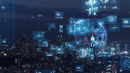 Poster - Smart city and communication network concept. GUI (Graphical User Interface). IoT (Internet of Things).