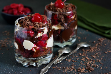 Wall Mural - Dessert black forest in a glass. Chocolate dessert with creamy cream, cherry and chocolate on a concrete background. The Schwardzwald.