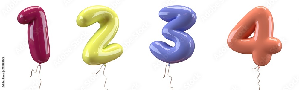 Brilliant balloons font number 1, 2, 3, 4 made of realistic elastic color rubber balloon. 3D illustration for your extraordinary balloon decoration in several concepts idea in many occasions - obrazy, fototapety, plakaty 