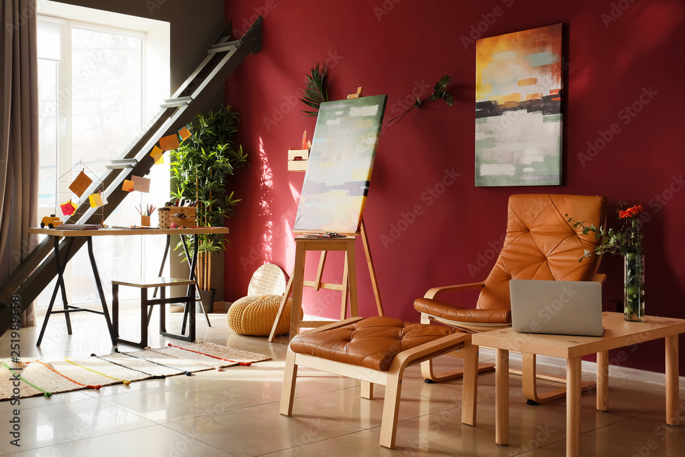 Stylish interior of painter's workshop