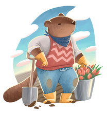 Illustration Of The Beaver Like Human In Jeans And Sweater  Holding A Shovel And A Bucket With Tulip Flowers