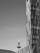 Moderne Fassade eines Wolkenkratzer mit Büros und Fernsehturm im Hintergrund bei Sonnenscheinam Stadtteil Bockenheim Westend von Frankfurt am Main in Hessen in neorealistischem Schwarzweiß