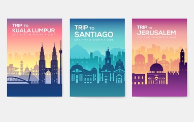 Travel information cards. Landscape template of flyear, magazines, posters, book cover, banners. Country of Chile, Canada, Thailand, Spain, Malaysia, Africa, Asia, Poland, UAE and Jerusalem set