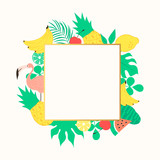 Fototapeta Dinusie - Cute hello summer frame with fruits, palm tropical leaves and flamingo. Beach party border. Vector elements.
