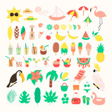 Fototapeta Pokój dzieciecy - Super big set of cute summer objects. Fruits, pineapple, cocktail, palm tree, parrot, flamingo, ice cream, cocktails. Beach party vector elements.