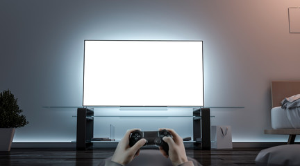 Playing videogame with joystick near blank white tv screen mockup, 3d rendering. Empty televisor and game controller mock up. Man in room with joypad template.