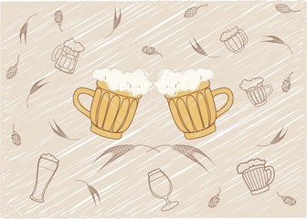 Vector image of two Beers. Drinks with a large foam cap.against the hops and malt.