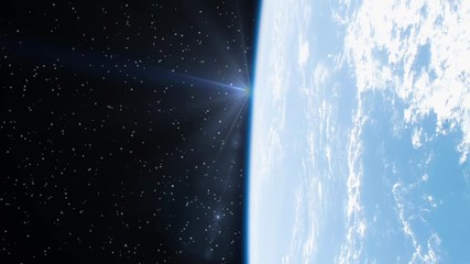 Wall Mural - Blue sunrise earth horizon from space rotating and flare light. Contains public domain image by Nasa