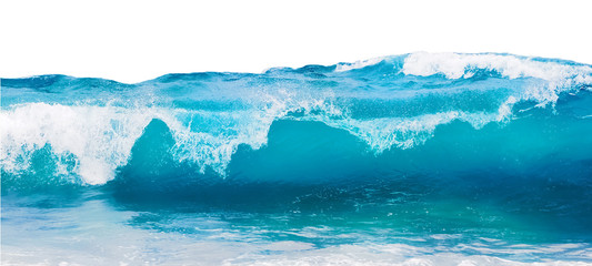 Wall Mural - Blue sea wave with white foam isolated on white background.