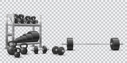 Beautiful realistic fitness vector of an olympic barbell, black loadable dumbbels, a set of kettlebells and a storage shelf full of black weight barbell plates on transparent background.