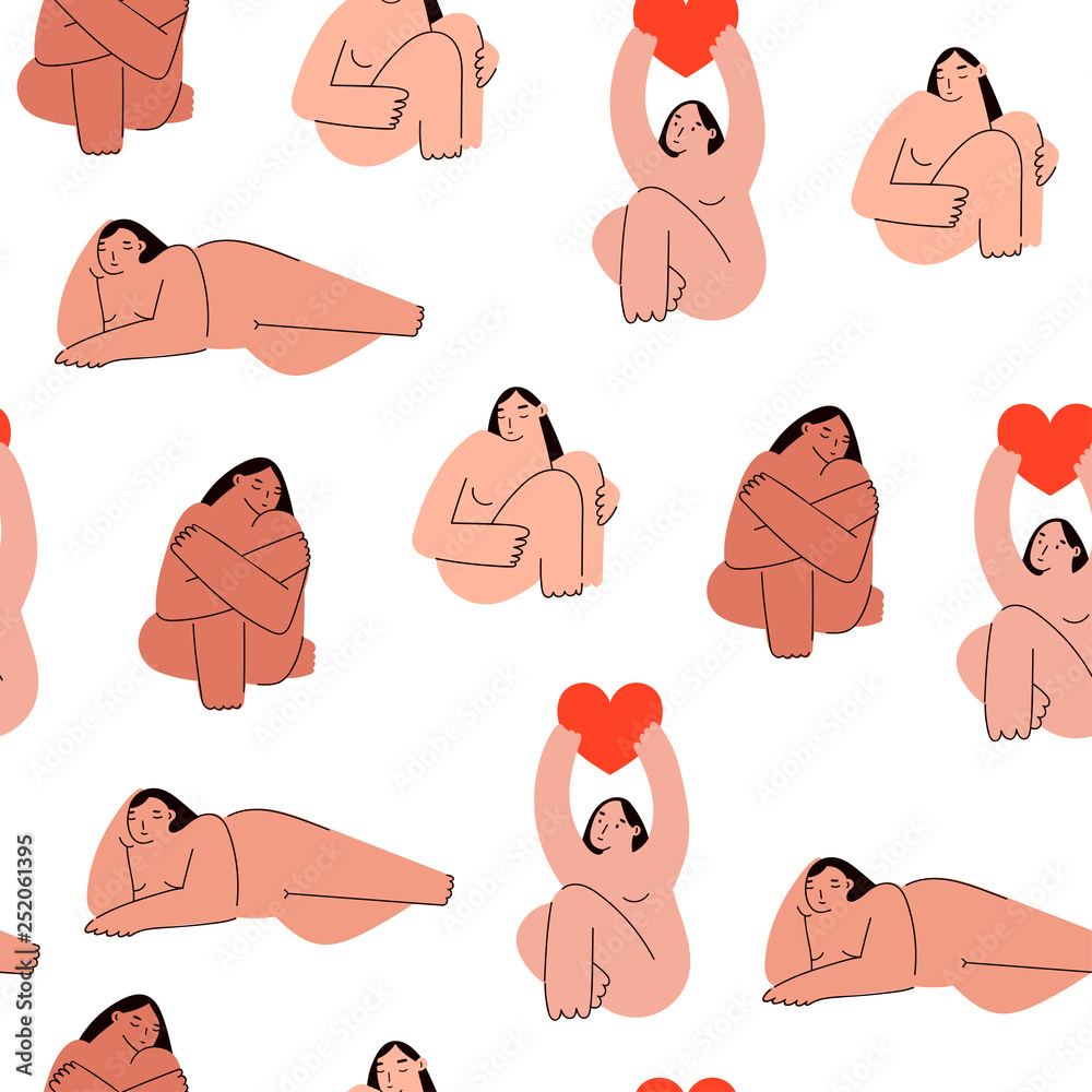 Beautiful plus size women in various poses. Body positive concept. Attractive overweight girls. For Fat acceptance movement. Hand drawn vector seamless pattern - obrazy, fototapety, plakaty 