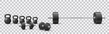 Beautiful Realistic Fitness Vector Of An Olympic Barbell, Black Iron Loadable Dumbbels And A Set Of Kettlebells On Transparent Background.