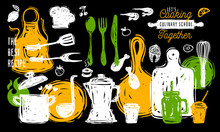 Culinary School Logo Design Label Sticker Poster Banner. Kitchen Utensils Food Elements. Soup Pot Knife Fork Spoon Plate Pan Hand Drawn Vector Design Illustration.