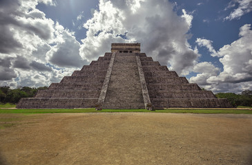 Front view of the entire Pyramid of the Chichen Itza archaeological complex in Mexico