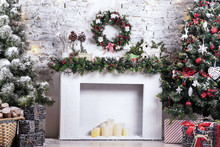 New Year Decorated. Interior Bright Room With Christmas Decoration. Fir-tree, Gift Boxes, Fireplace Decorated With Garlands Holiday. Celebration Photo