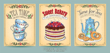 Card Collection Of Hand-drawn Cakes. Vintage Posters Of Bakery Sweet Shop. Freehand Drawing, Sketch