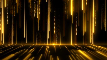 Poster - Luxury space. Wall of glitter particles. Bright golden neon rays moving on the floor. Glamour surface abstract background. Seamless loop.