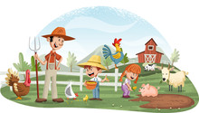 Cartoon People And Animals On The Farm. Farm Background.