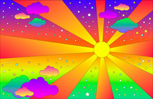 Vintage Psychedelic Landscape With Sun And Clouds, Stars. Vector Cartoon Bright Gradient Colors Background. Hippie Style Art Landscape.