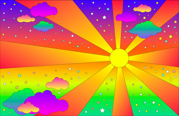 Vintage psychedelic landscape with sun and clouds, stars. Vector cartoon bright gradient colors background. Hippie style art landscape.